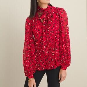 Chicos Leopard Hearts Print Blouse Size 3 US 16 18 Coquette Romanitc Career
